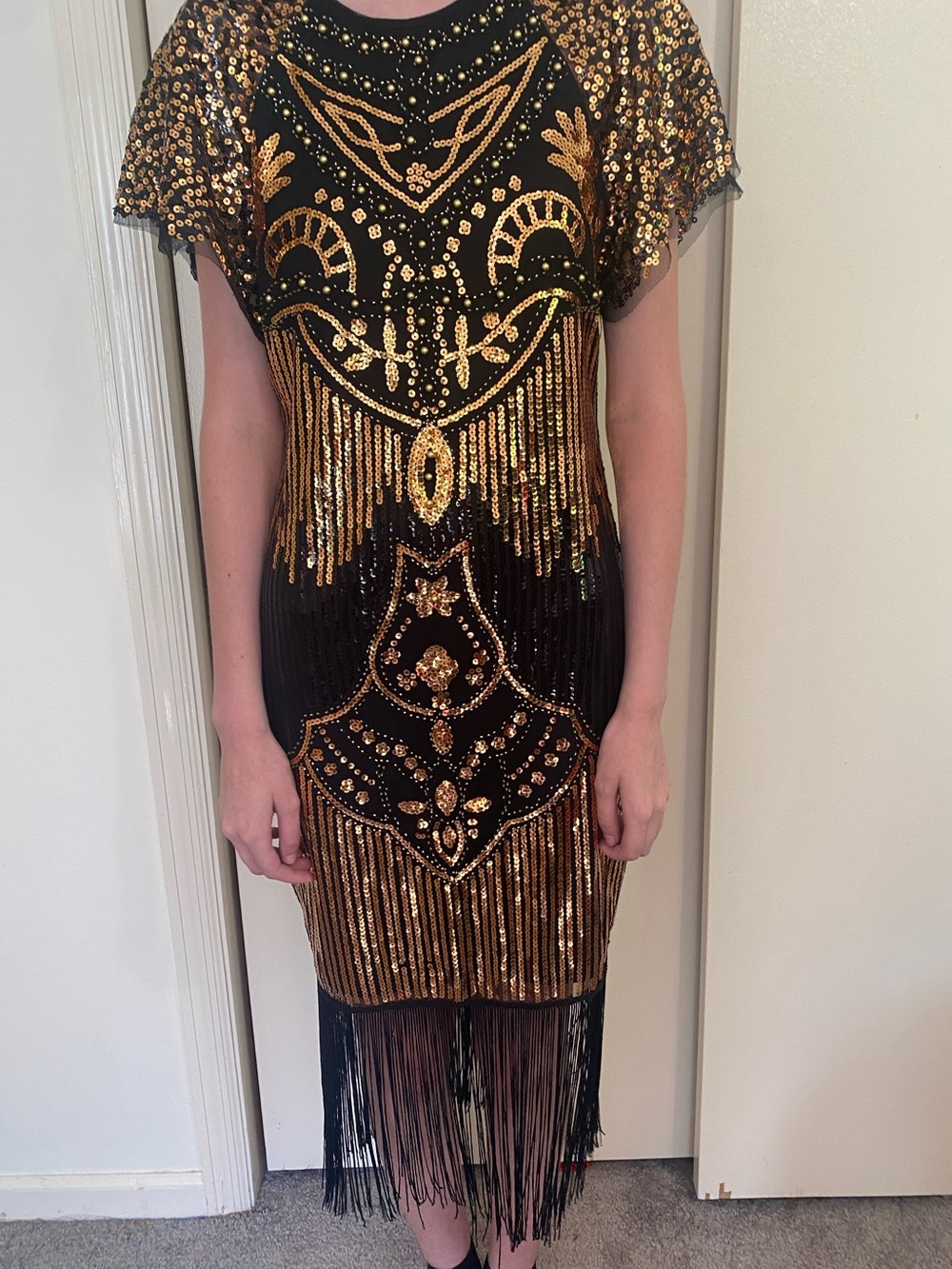 Size Small 1920s Flapper Black & Gold Sequin Fringe Midi Dress party Halloween